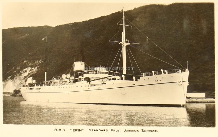 Peter Provenzano Photo Album Image.jpg - Peter Provenzano arrived in Liverpool, England on September 14, 1940 aboard this ship.  Royal Mail Ship (RMS)  "Erin," Standard Fruit Jamaica Service.  (RMS is a designation assigned to ships under contract with the British Royal Mail for mail delivery.)